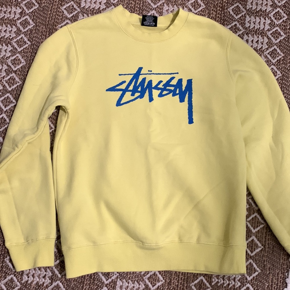 Stussy lime/neon yellow with blue lettering crewneck sweatshirt size XS
